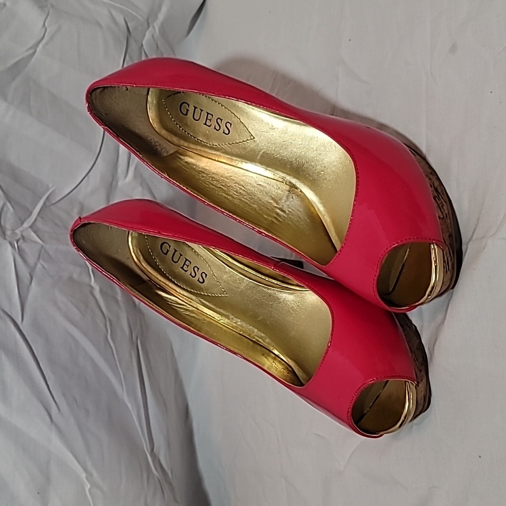 Guess Patent Leather Hot Pink Cork Heels Open Toe Size 8.5 (make an offer)